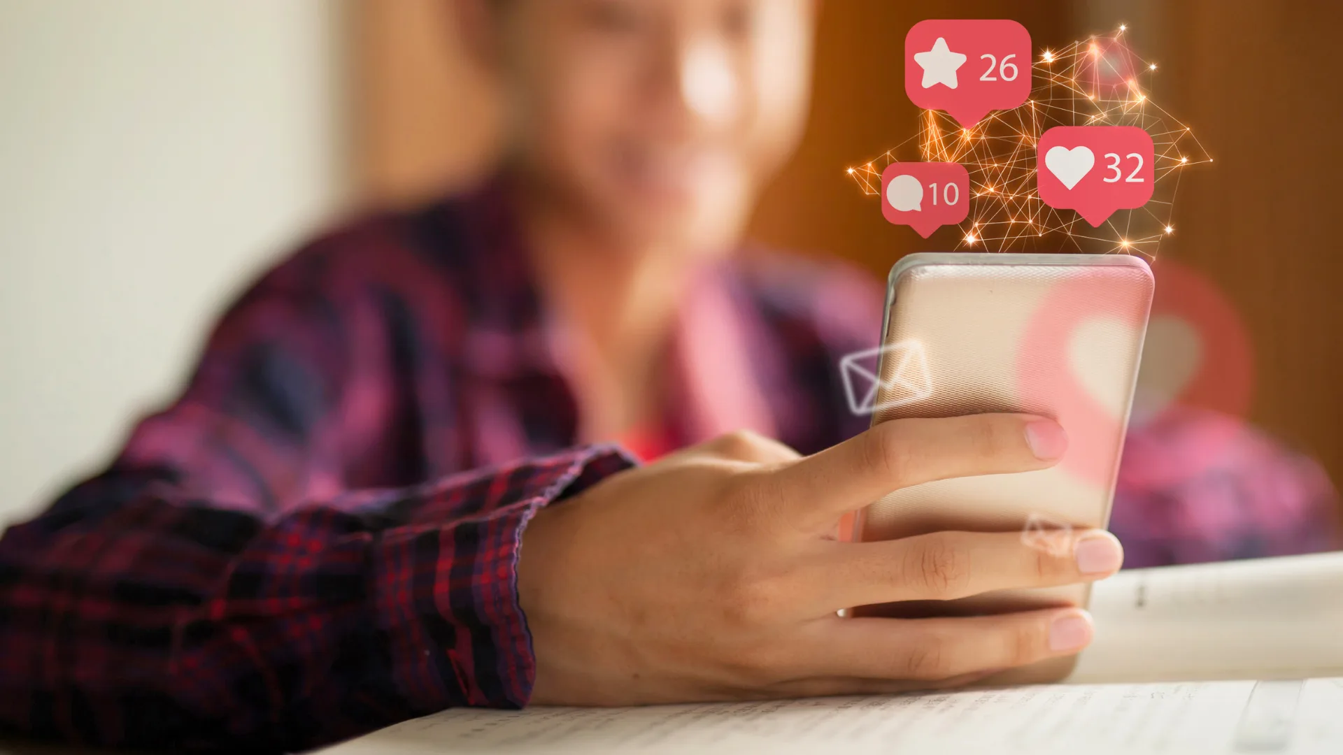 homem-celular-notificacoes-redes-sociais-home-office.jpg Homem distraído olhando o celular, impactado por notificações de redes sociais que prejudicam o foco no home office.