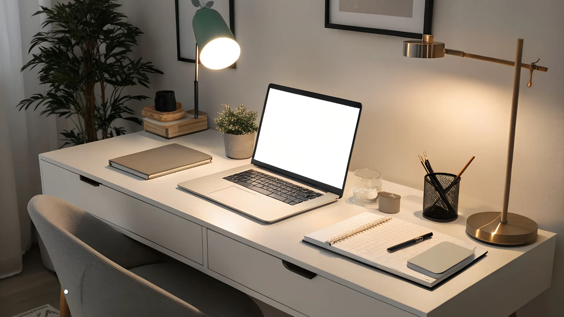 Gadgets para produtividade: 5 aliados que realmente fazem diferença no seu home office 5 Luminária LED moderna sobre uma mesa, iluminando com luz branca neutra, ideal para foco