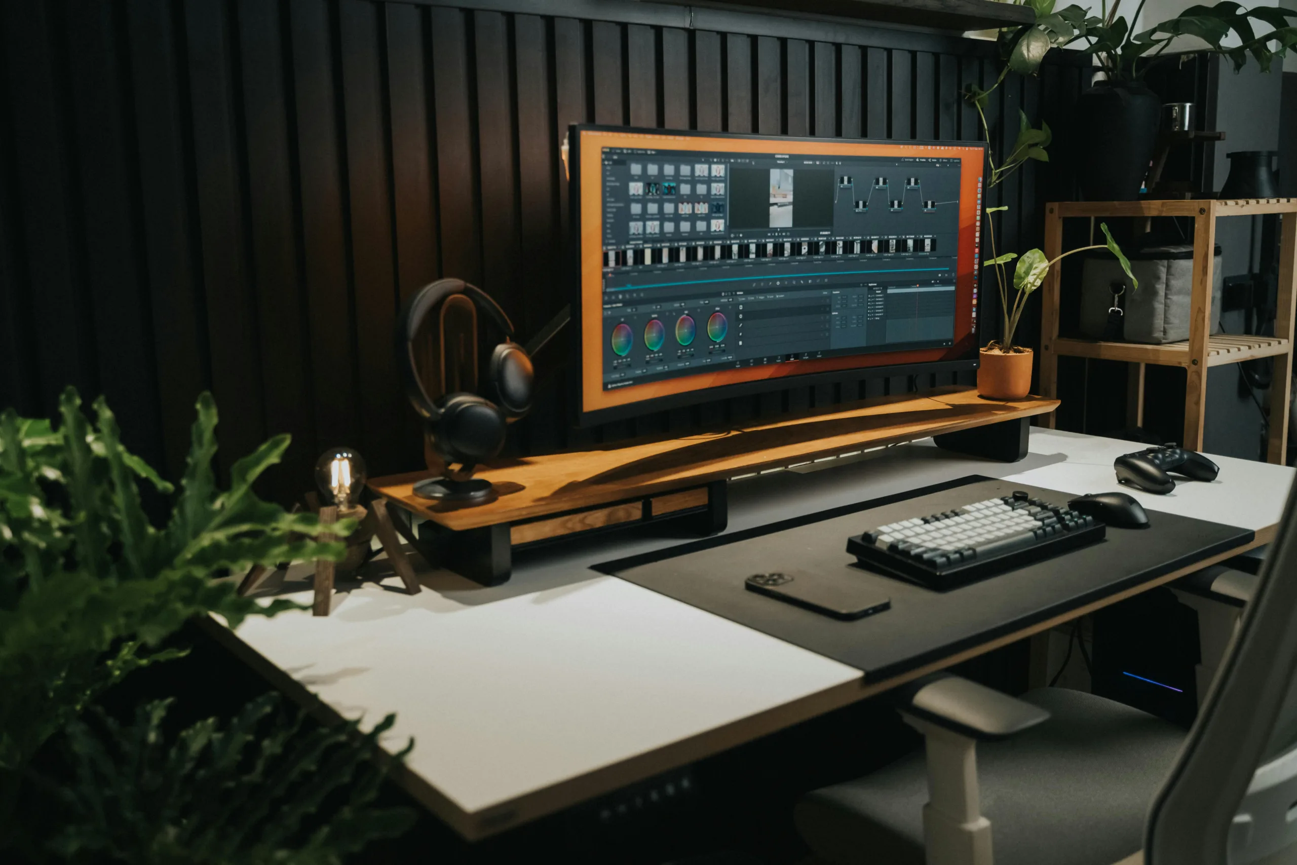 3 itens pouco comentados que estão transformando o home office de quem trabalha sério 2 Espaço de trabalho de escritório sofisticado com um monitor ultra-amplo e elegante, teclado e plantas, perfeito para entusiastas de tecnologia.